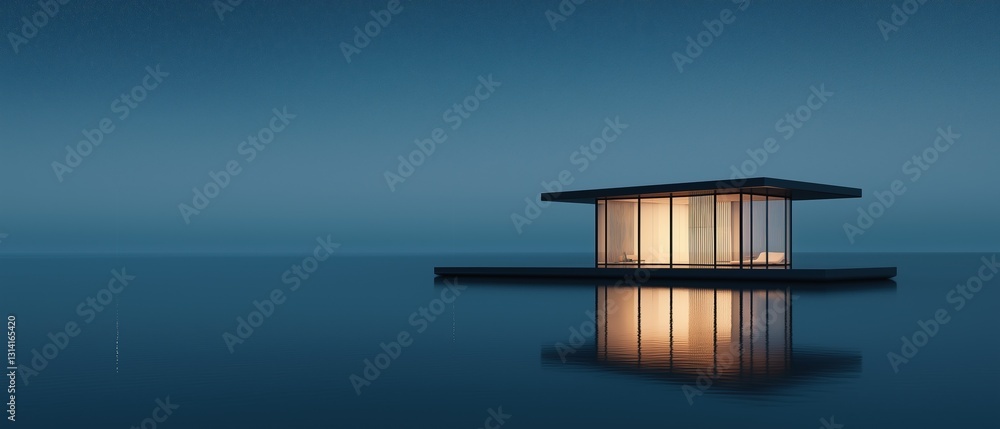 Poster small floating house on a calm body of water. the house is rectangular in shape with a flat roof and