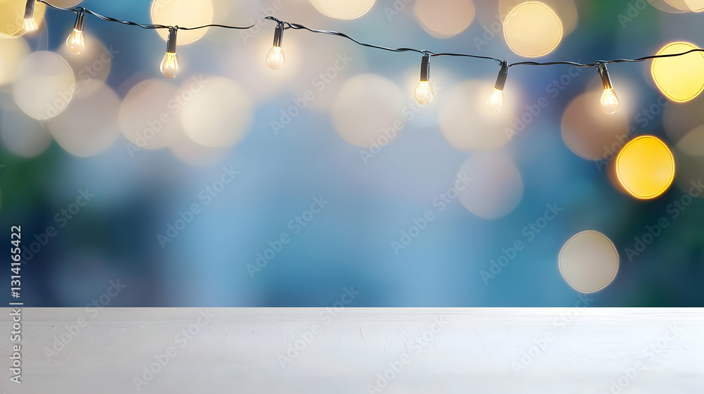 Poster warm glowing string lights with golden bokeh effect on a blurred blue festive background with a whit