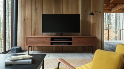 Modern Minimalist Living Room with Walnut TV Stand and Floor Lamp