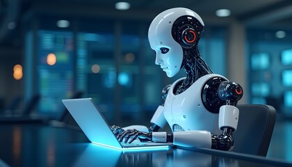 Fototapeta premium A robotic AI assistant streamlining workflow automation through intelligent data sorting.