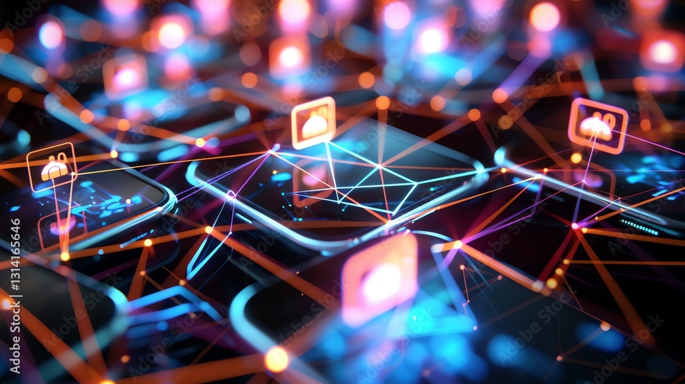 Poster a digitally rendered image of glowing, abstract smartphones connected by lines and nodes.