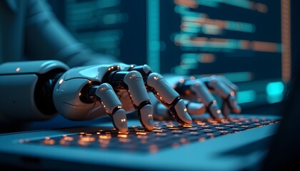 A robotic hand typing on a keyboard with AI generated code floating above.