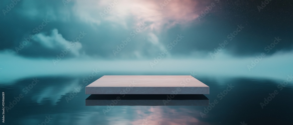 Poster digital illustration of a floating platform in the middle of a body of water. the platform is rectan