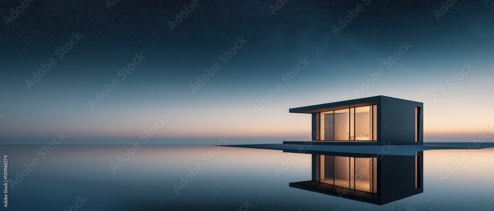 Aufkleber 3d rendering of a modern house on a small island in the middle of a body of water. the house is made