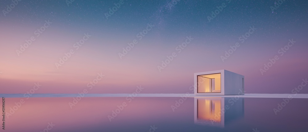 Poster digital illustration of a small white cube with a window on the right side. the cube is placed on a 
