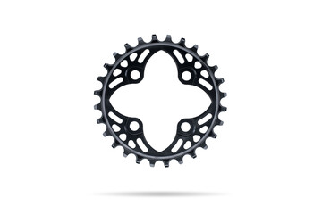 Black round bicycle chainring against white isolated background, floating above the surface. Professional bicycle part.
