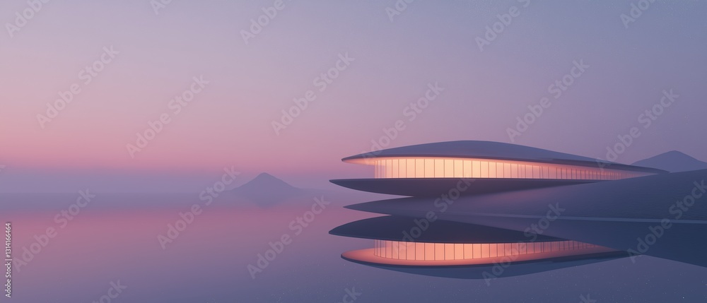 Poster digital illustration of a futuristic building with a unique design. the building is made up of multi