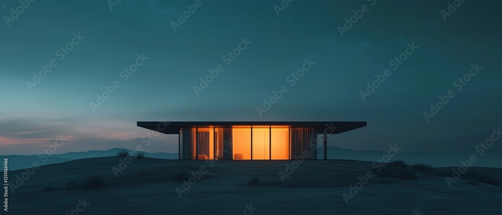 Poster modern building on a hilltop at night. the building is a rectangular structure with a flat roof and 
