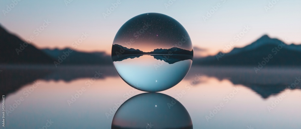 Poster photograph of a spherical object, which appears to be a sphere, reflecting in a calm lake. the spher