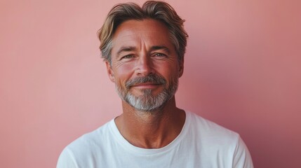 Obraz premium minimalistic portrait of adult European softly smiling man is 55 years old wearing white T-shirt on beige pink background