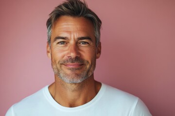 Obraz premium closeup portrait of adult European middle-aged man in white T-shirt on pink background, businessman,minimalistic
