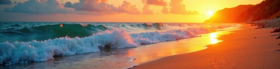 Golden sand, waves crashing on a vibrant sunset beach , nature, background, dusk