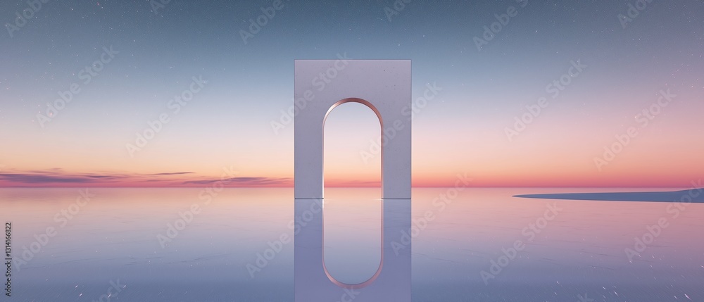 Poster digital illustration of a large white archway in the middle of a vast body of water. the archway is 