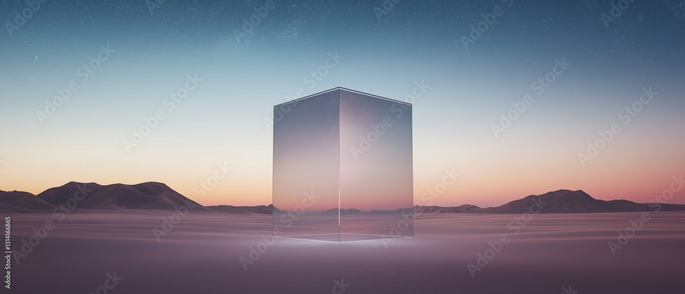 Poster digital illustration of a tall, rectangular structure in the middle of a vast desert landscape. the 