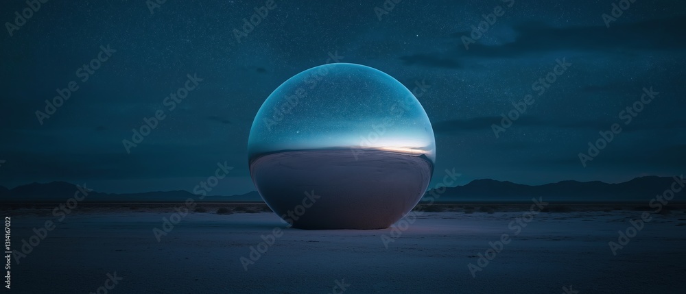 Poster digital art piece that appears to be a photograph of a spherical object in the middle of a desert-li