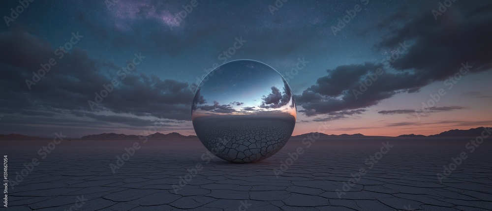 Poster digital illustration of a spherical object in the middle of a vast desert landscape. the object appe