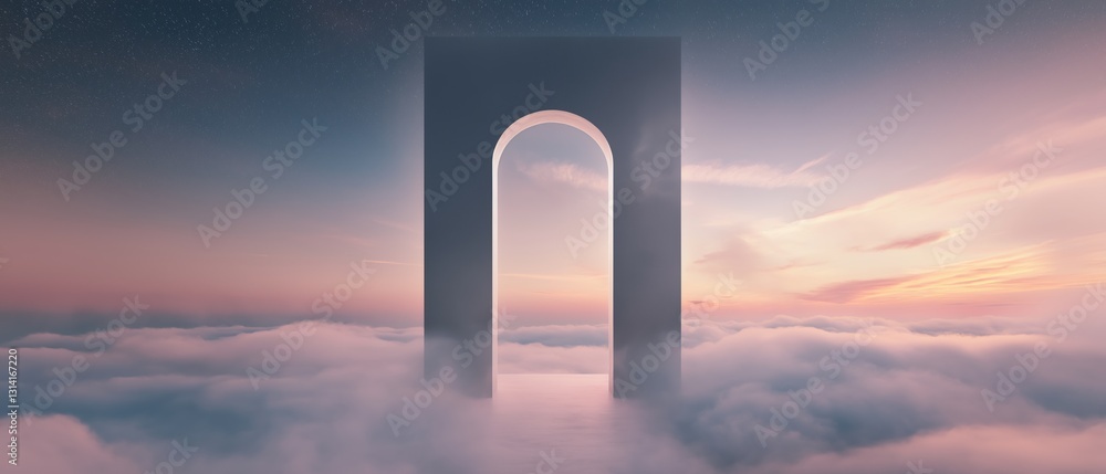 Poster digital illustration of an archway in the middle of a vast sky filled with clouds. the archway is ma