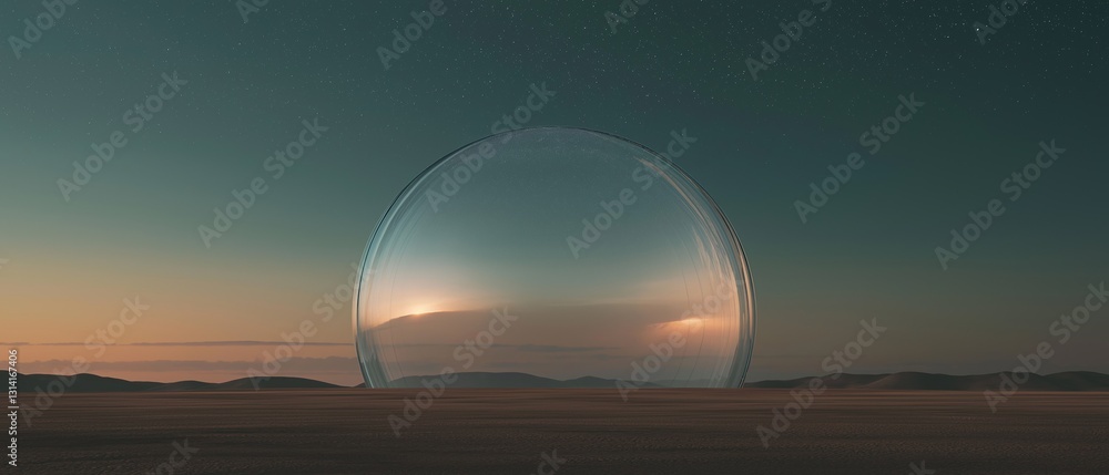 Poster digital illustration of an oval-shaped object in the middle of a vast desert landscape. the object a