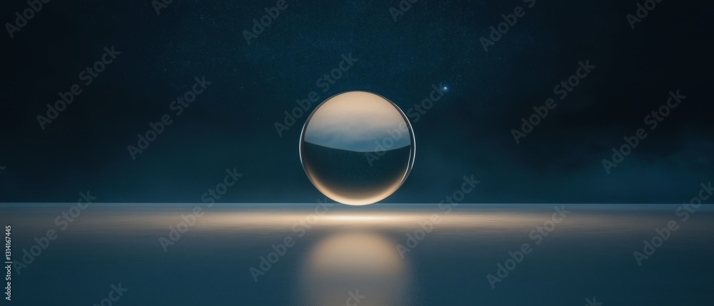 Poster digital illustration of a spherical object in the middle of a dark blue ocean. the object appears to