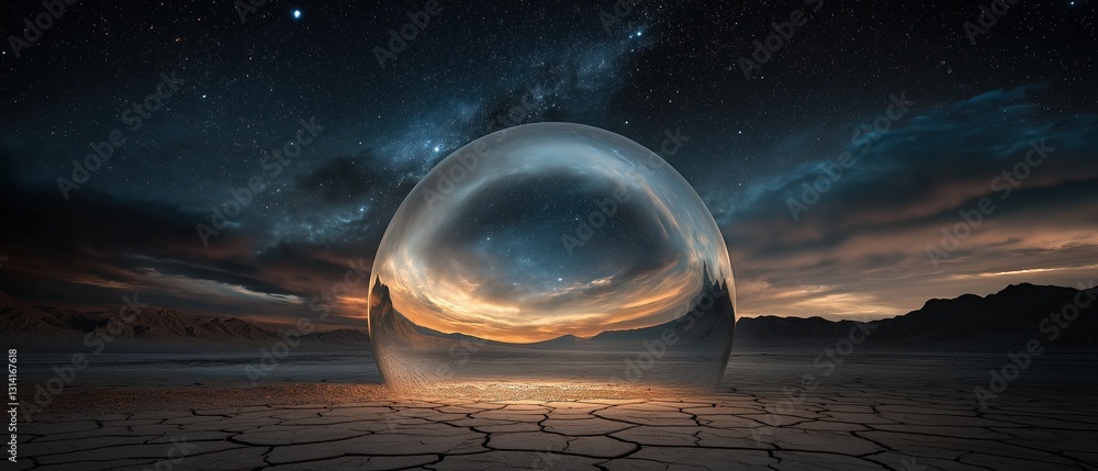 Poster digital art piece that appears to be a surreal landscape. it shows a large, spherical object in the 