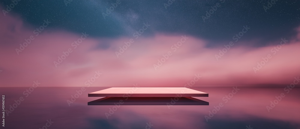 Poster digital illustration of a wooden table in the middle of a body of water. the table is rectangular in