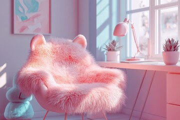Pink fluffy chair in a pastel room, near a desk with plants and a lamp.  Girly and cozy.