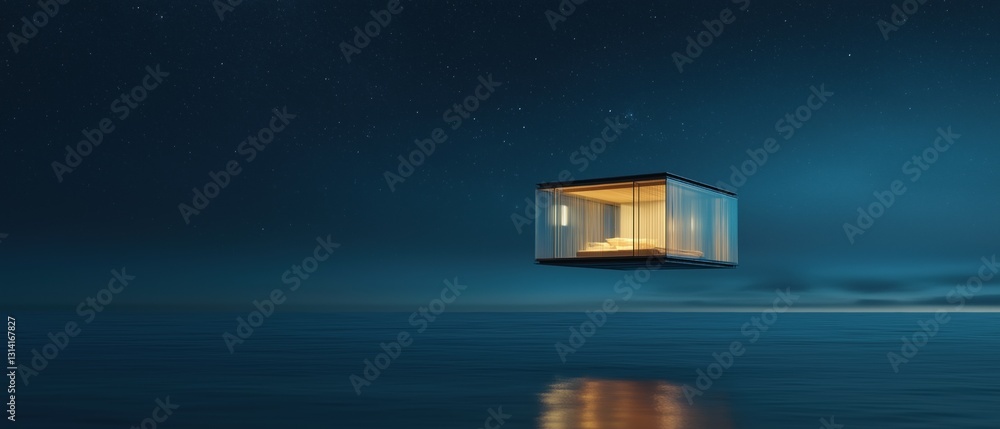 Poster small cube floating in the middle of the ocean at night. the cube is made of glass and has a rectang