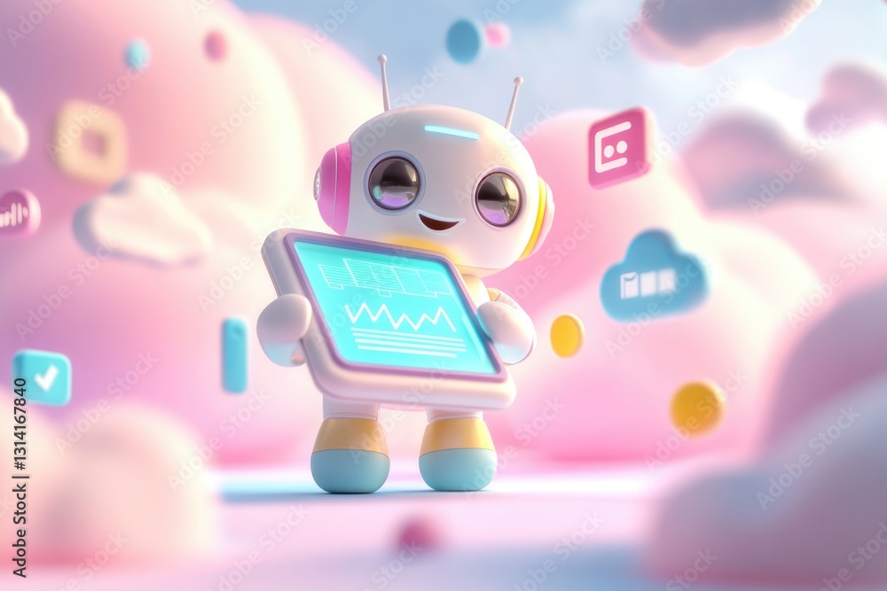 Poster cute robot holding a tablet displaying data in a pastel cloud background.