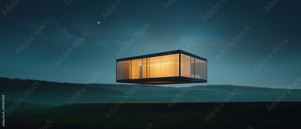 Poster small cube-shaped building floating in the sky above a vast landscape. the cube is made of glass and