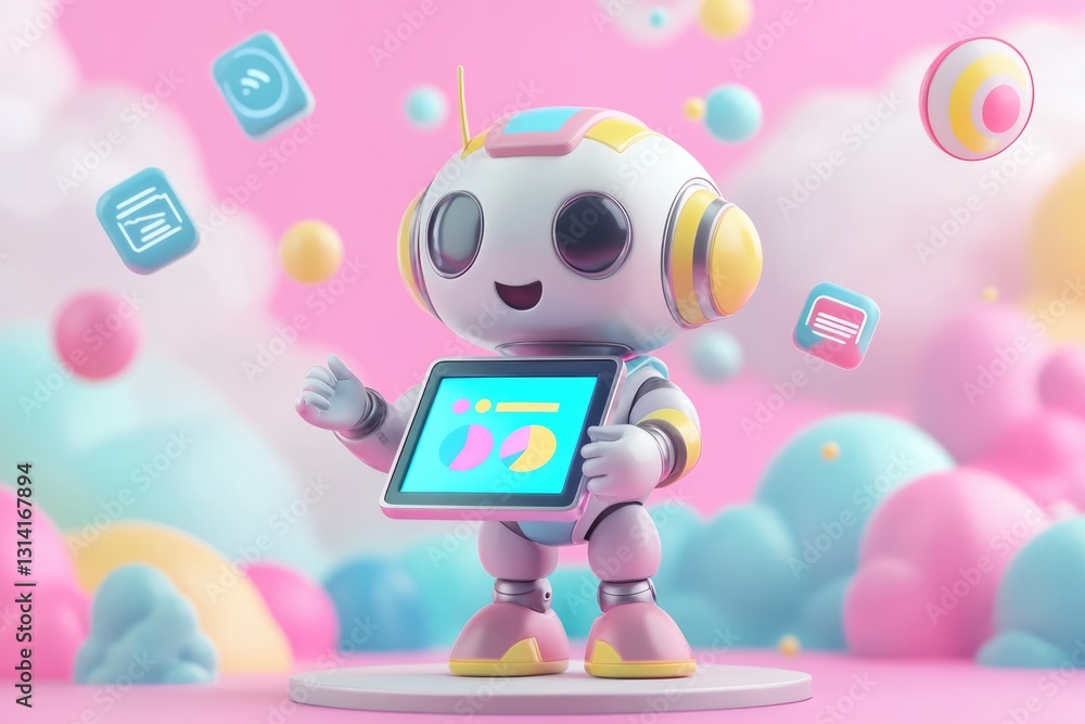 Poster a cute robot presents data charts on a tablet amidst pastel-colored clouds and floating app icons.