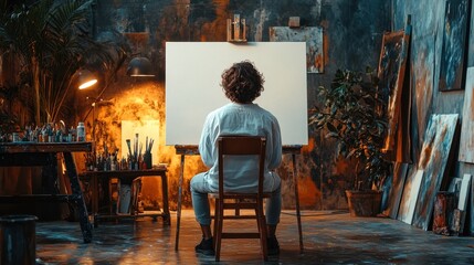 An artist sitting on a chair in a modern studio, facing a blank canvas, surrounded by painting tools