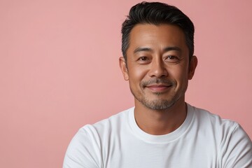 Fototapeta premium minimalistic portrait of adult asian smiling man is 45 years old wearing white T-shirt on pink background, closeup