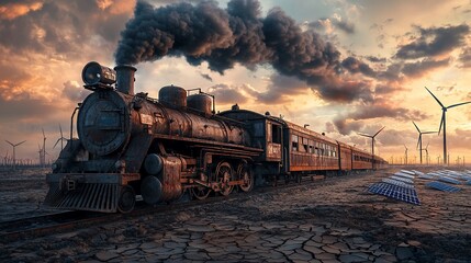 Fototapeta premium Train travels arid landscape with windmills, solar panels, at sunset