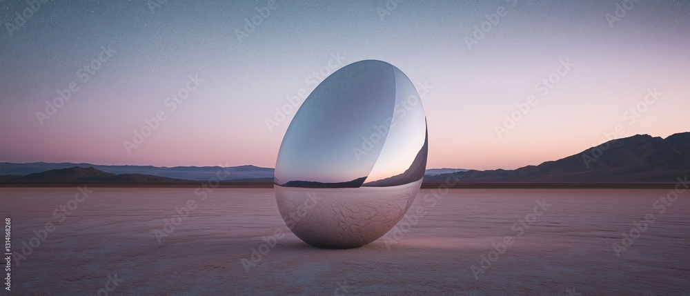 Poster large, spherical object in the middle of a vast, barren landscape. the object appears to be made of 