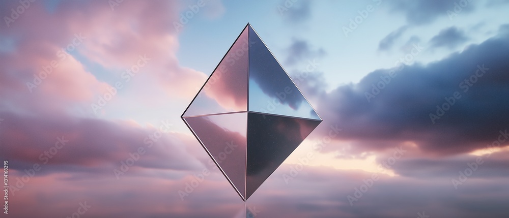Poster digital illustration of a triangular prism in the center of a cloudy sky. the prism is made up of th