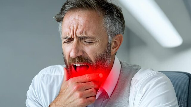 Close up of mature businessman experiencing sore throat, highlighted in red, indicating potential illness or infection virus video 4k