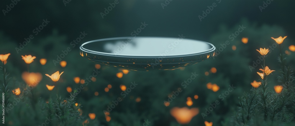 Aufkleber circular object floating in the middle of a field of orange flowers. the object appears to be a ufo 