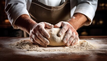 a chef kneading dough on a wooden surface, ready to make bread. The chef is focused on the task