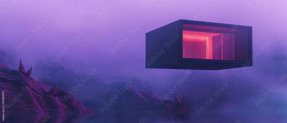 Aufkleber digital illustration of a cube floating in the air over a body of water. the cube is black and has a