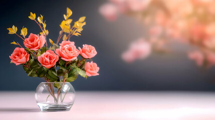 A beautiful floral arrangement featuring pink roses in a glass vase