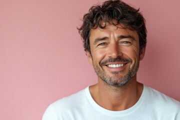 Obraz premium minimalistic portrait of 45 years old smiling man in white T-shirt on pink background, mature businessman, middle-aged