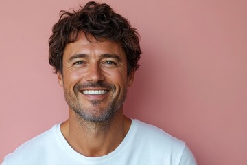 Fototapeta premium portrait of 45 years old smiling brunette man in white T-shirt on pink background, minimalistic, mature businessman, copy space