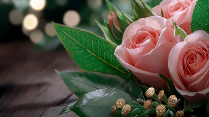 Beautiful pink roses and green leaves forming a lovely bouquet