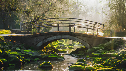 A sunlit bridge over a small creek, with green moss growing on the rocks.