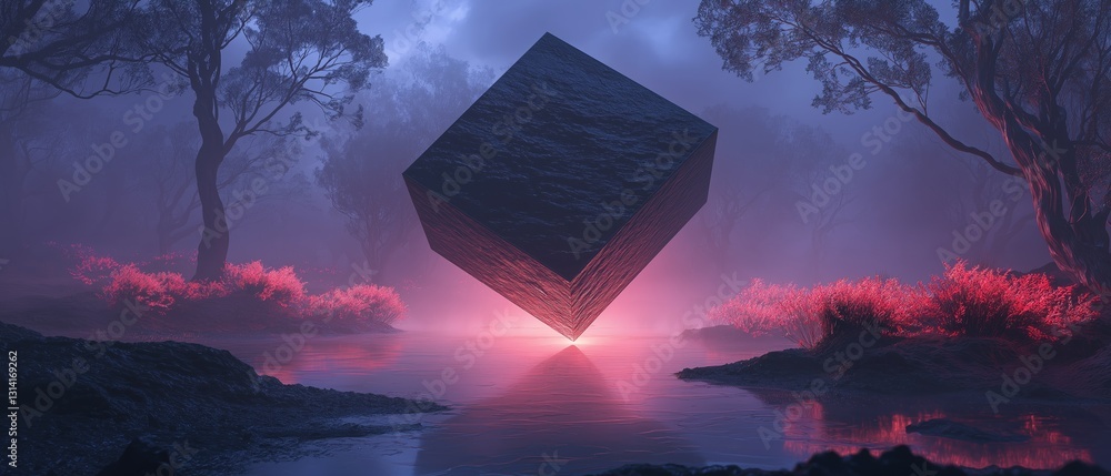 Poster digital art piece that appears to be a surreal landscape with a large, triangular prism in the cente