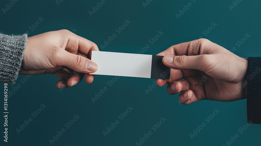 Poster startup networking competition concept. two hands exchanging a blank card against a teal background.