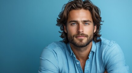 Obraz premium minimalistic portrait of handsome adult european man is 40 years old with shoulder-length hair wearing blue shirt on light blue color background