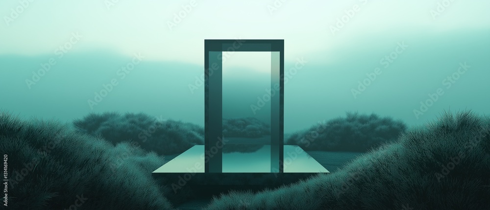 Aufkleber digital illustration of a tall, rectangular structure in the middle of a grassy field. the structure