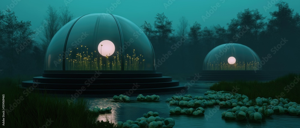 Poster two large dome-shaped structures, which appear to be floating on top of a body of water. the structu