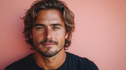 Obraz premium minimalistic portrait of adult European man is 40 years old with shoulder-length hair wearing grey T-shirt on beige pink color background